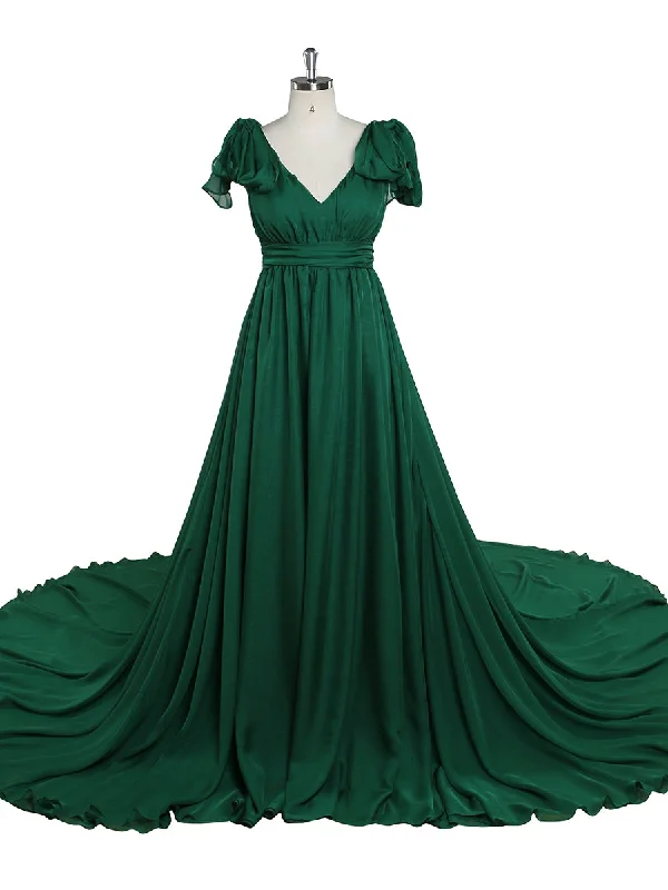 Christmas Green Silk Chiffon Beach Wedding Dress Maxi Maternity Photo Shoot Gown for Baby Shower YEWEN YW221102