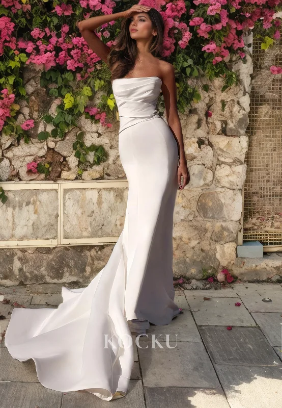 Simple & Casual Sleeveless Off-Shoulder Mermaid Satin Wedding Dress