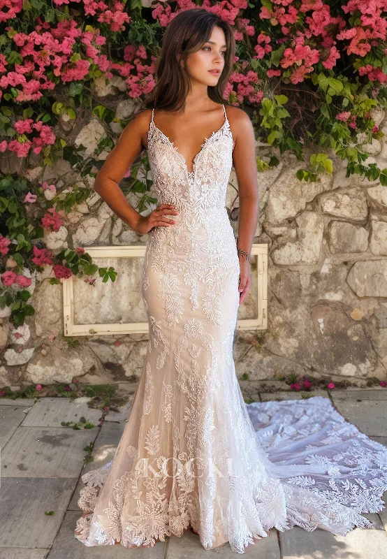 Elegant & Luxurious Spaghetti Straps V-Neck Mermaid Appliques Wedding Dress