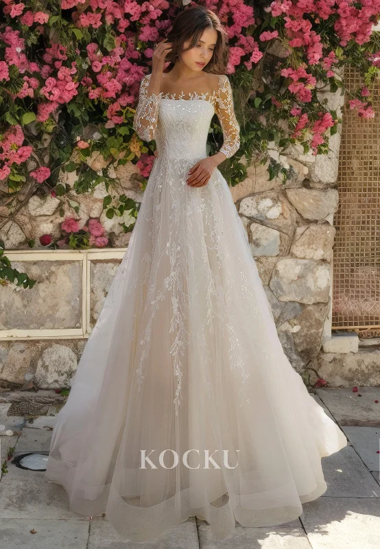 Gorgeous & Charming Square Long sleeves A-Line Appliques Tulle Wedding Dress