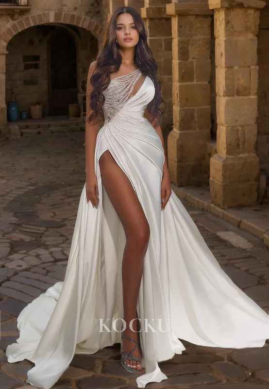 Elegant & Luxurious One Shoulder A-Line Split Satin Wedding Dress