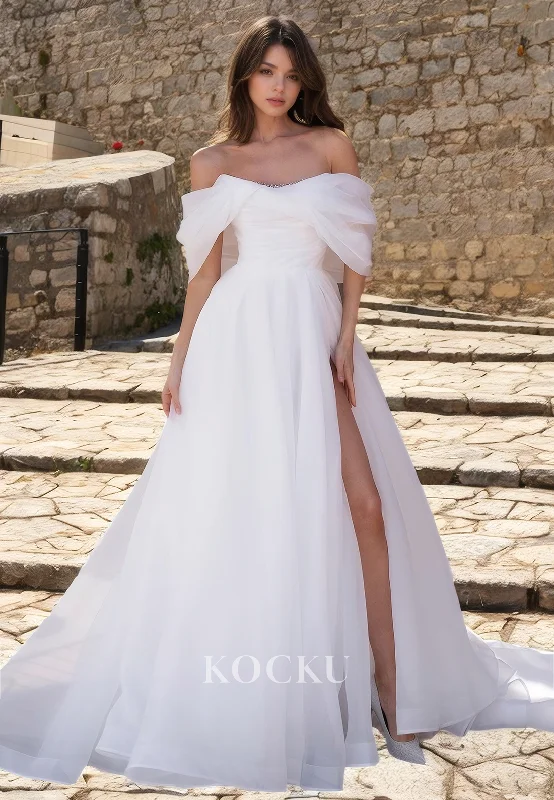 Classic & Timeless Off-Shoulder A-Line Split Satin Wedding Dress