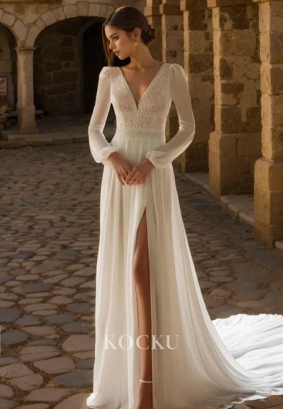 Couture & Ornate V-Neck Long sleeves A-Line Split Wedding Dress