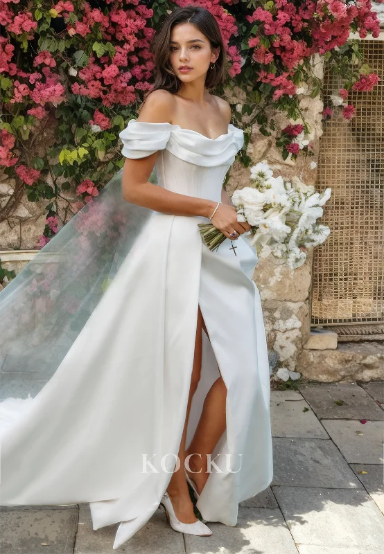 Classic & Timeless Off-Shoulder A-Line Split Satin Wedding Dress