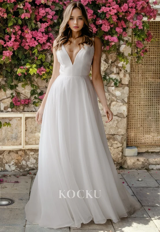 Elegant & Simple V-Neck Backless A-Line Bowknot Sleeveless Wedding Dress