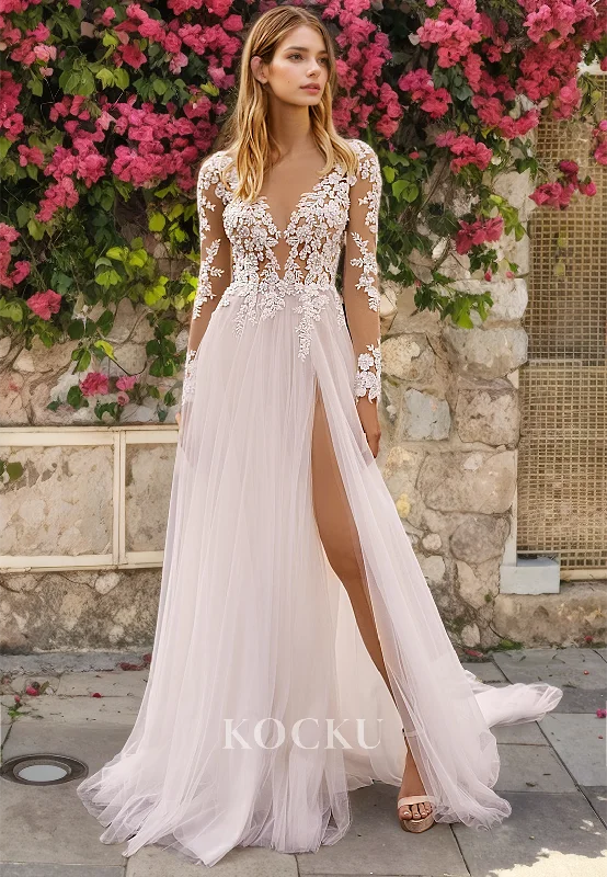 Couture & Ornate V-Neck Long sleeves A-Line Split Tulle Wedding Dress