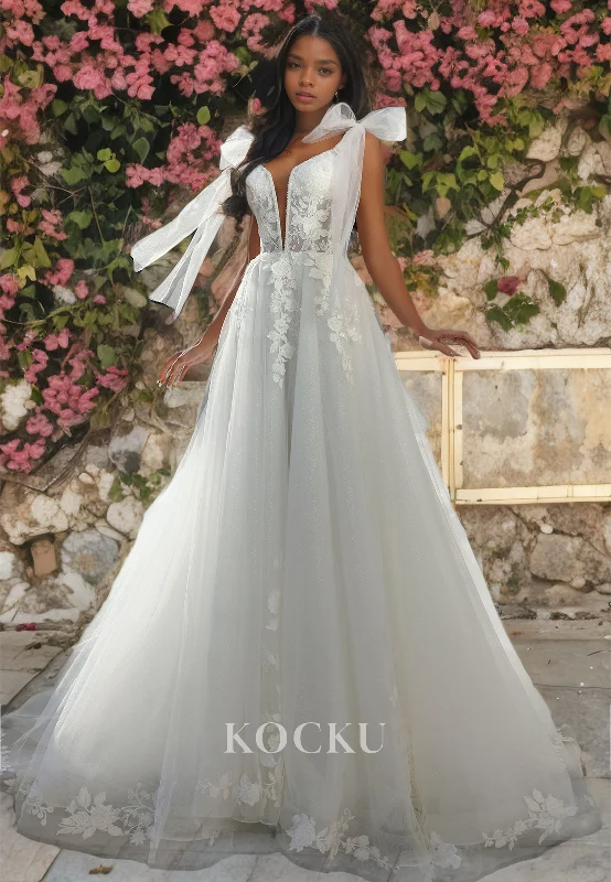 Couture & Ornate Straps V-Neck A-Line Appliques Tulle Wedding Dress