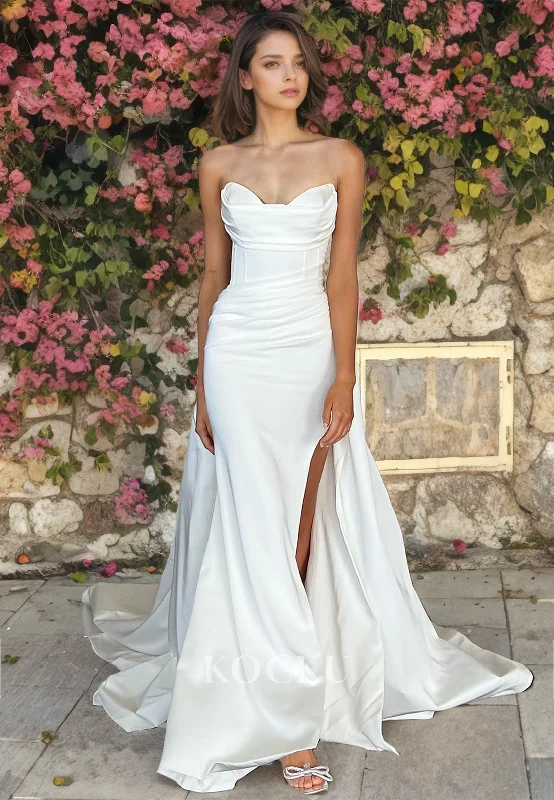 Elegant & Simple Sleeveless Mermaid V-Neck Split Satin Wedding Dress