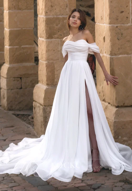 Off-Shoulder A-Line Sweetheart Sleeveless Split Court Train Wedding Gowns with Beads Bridal Dress