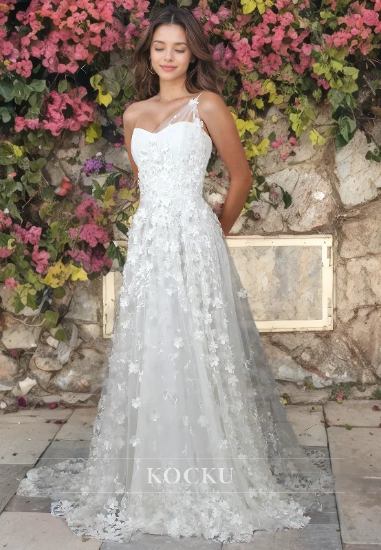 A Line One Shoulder Lace Wedding Dress with Train Bridal Dress