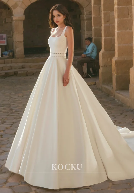 A-Line Square Neck Wedding Dress Sleeveless Bows Satin Bridal Dress with Train