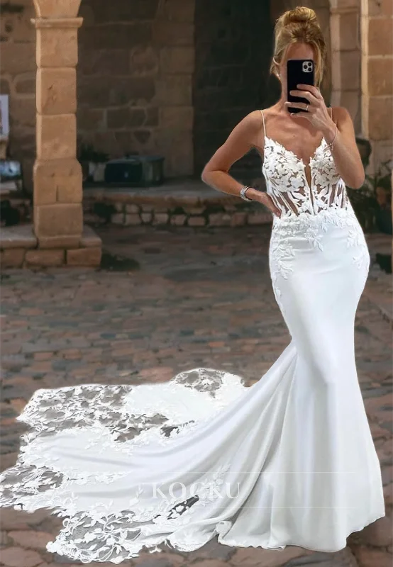 Spaghetti Straps Mermaid Wedding Dress Sleeveless Lace Bridal Dress with Train