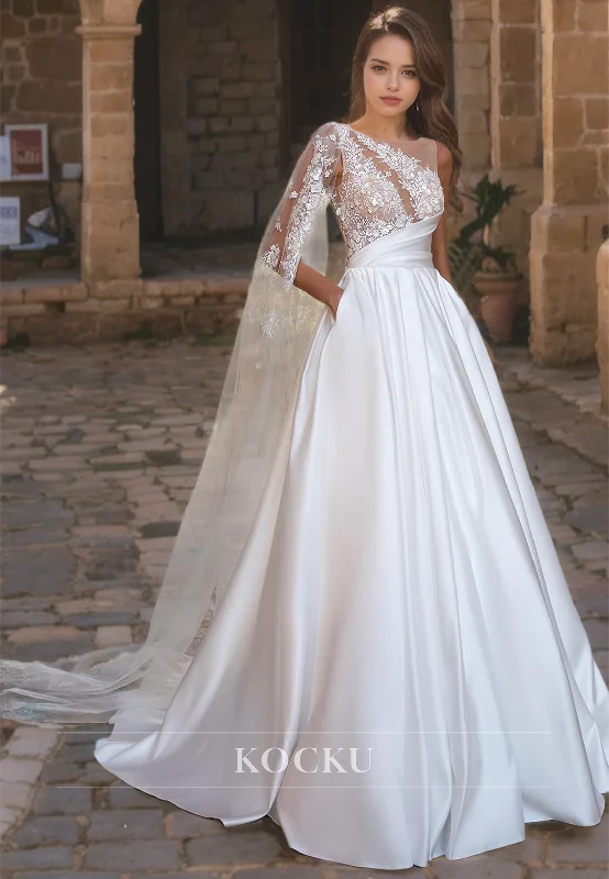 A-Line Asymmetrical Wedding Dress Sleeveless Appliques Satin Bridal Dress with Train