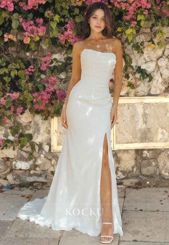 Beach Wedding Dress Strapless Sheath High Split Satin Boho Wedding Dress with Train