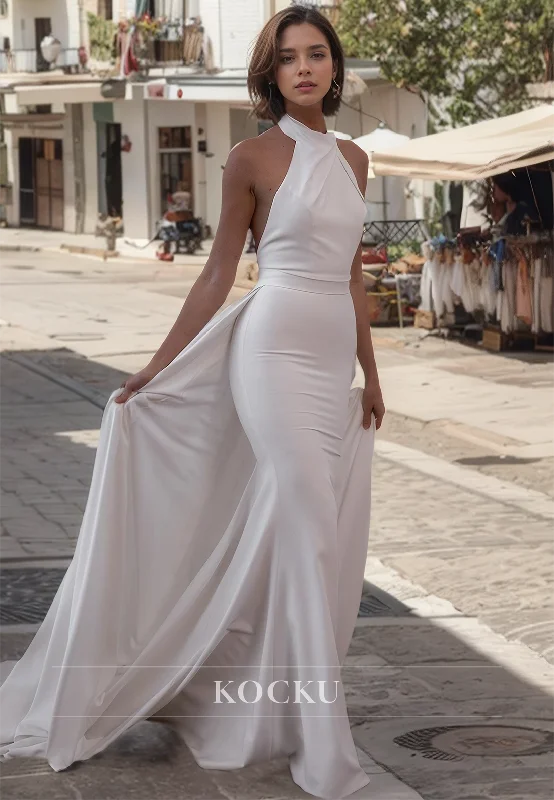 Classic&Simple Mermaid Halter Sleeveless Open Back Satin Formal Wedding Dress with Sweep Train