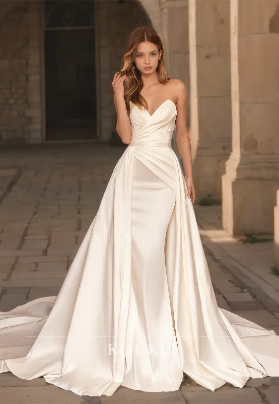 Sweetheart Mermaid Sleeveless Sweep Train Pleated Satin Wedding Gowns with Overskirt Bridal Dress