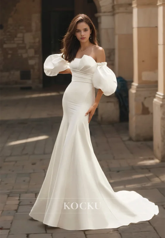 Asymmetrical Mermaid Puff Sleeves Pleated Satin Wedding Dress with Train Bridal Gowns