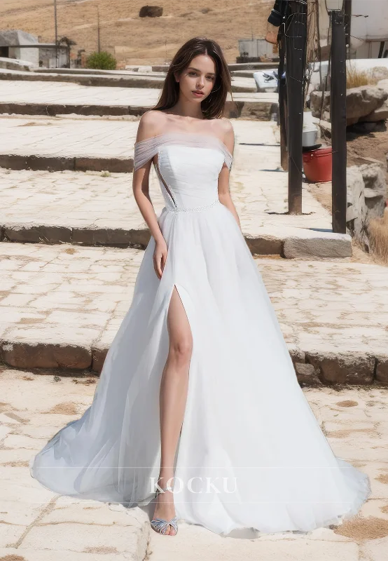 Elegant Boho Off-Shoulder A-Line Wedding Dress Sleeveless High Split Lace Beach Gowns with Train