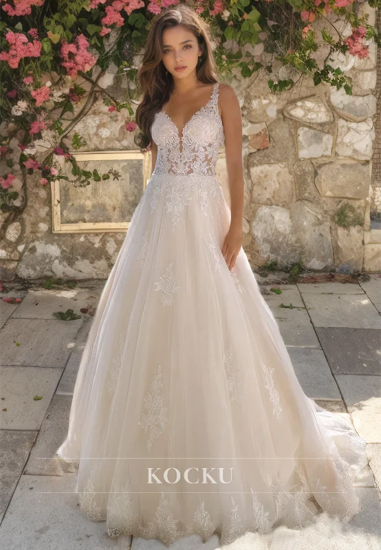 A-Line Sweetheart Spaghetti Straps Appliques Lace Wedding Dress with Sweep Train Bridal Dress