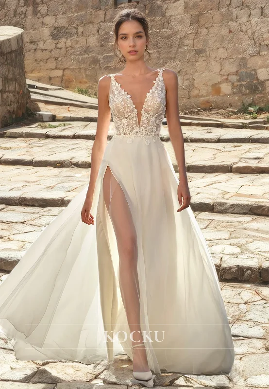 A-Line V-Neck Beach Wedding Dress Spaghetti Straps Slit Floor-Length Lace Boho Dress with Appiques