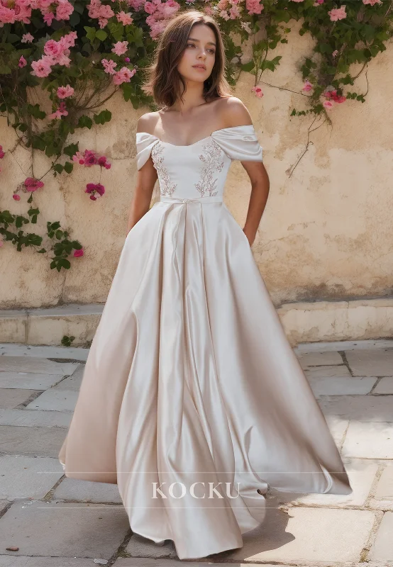 Off-Shoulder A-Line Wedding Dress Sleeveless Floor-Length Appliques Satin Bridal Gowns with Beaded