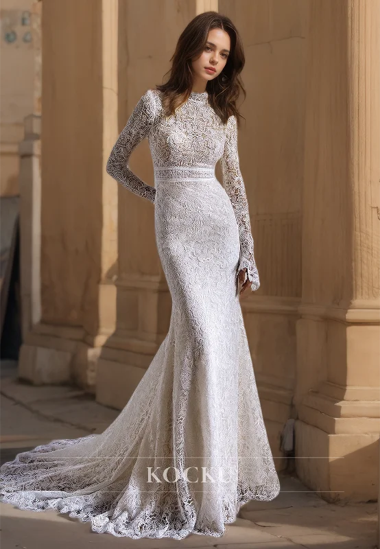 Jewel Neck Sheath Long Sleeves Appliques Lace Wedding Dress with Sweep Train Bridal Dress