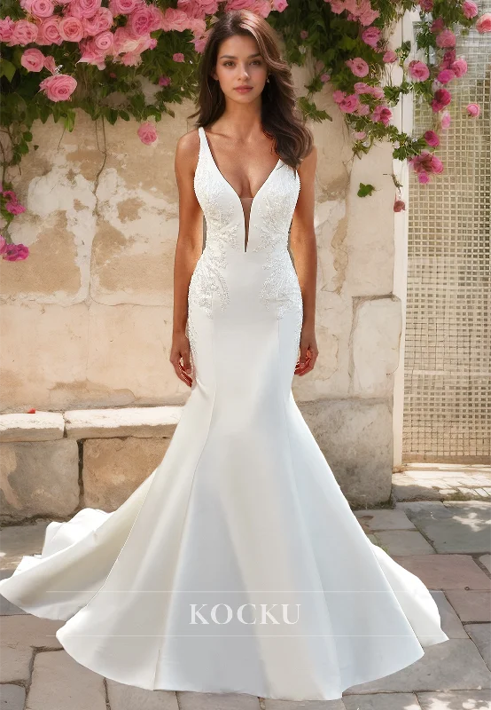 V-Neck Mermaid Spaghetti Straps Appliques Satin Wedding Dress with Sweep Train Bridal Dress