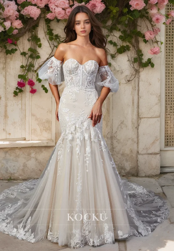 Sweetheart Mermaid Puff-Sleeves Wedding Dress Appliques Lace Bridal Gowns with Sweep Train