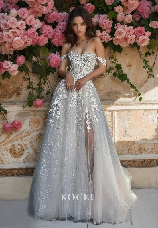 Off-Shoulder Sweetheart A-Line Wedding Dress High Split Train Lace Bridal Dress with Appliques