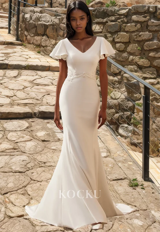 Low V-Neck Mermaid Short Sleeves Train Satin Beach Wedding Dress with Appliques Boho Gowns