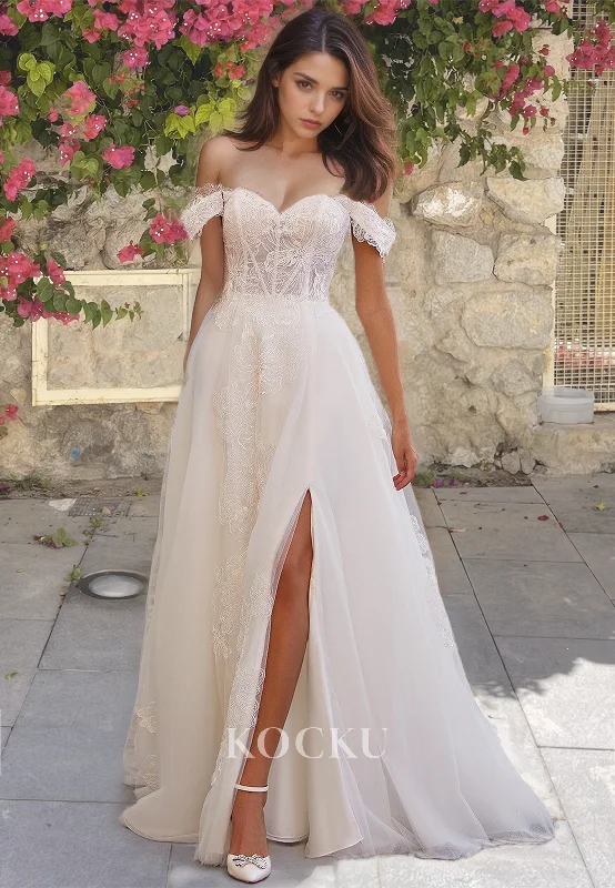 Off-Shoulder A-Line Sweetheart Sleeveless Train Slit Lace Wedding Dress Bridal Gowns with Appliques