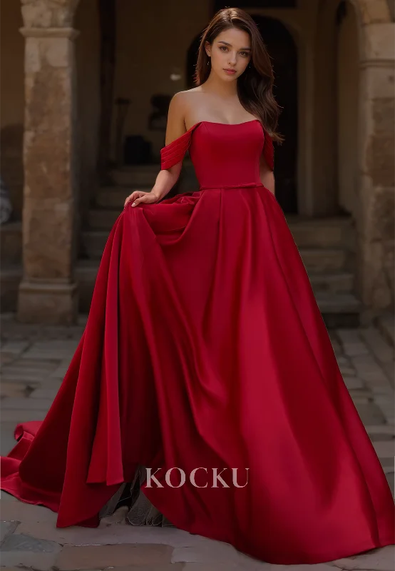 A-Line Off-Shoulder Sleeveless Pleated Satin Burgundy Wedding Dress with Brush Train Bridal Gowns