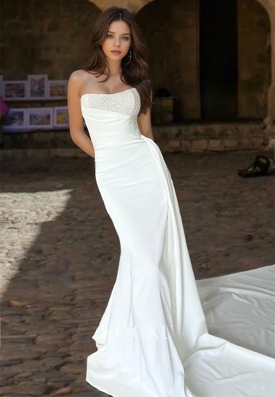 Sweetheart Sleeveless Mermaid Court Train Ruched Satin Wedding Dress with Beads Bridal Gowns