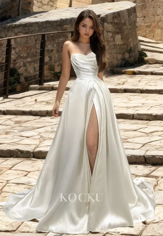 A-Line Sweetheart Sleeveless Wedding Dress High Split Ruched Satin Bridal Dress with Train