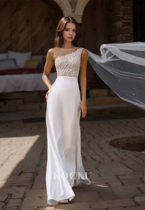 Asymmetrical Scoop Neck Sleeveless Sheath Long Satin Wedding Dress Bridal Gowns with Beaded