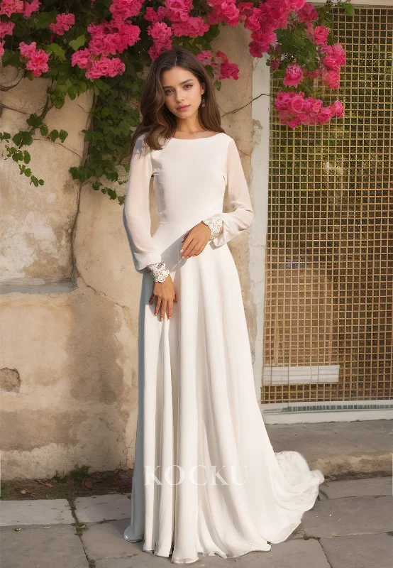 A-Line Scoop Neck Long Sleeves Beach Wedding Dress Pleats Chiffon Boho Bridal Dress with Sweep Train