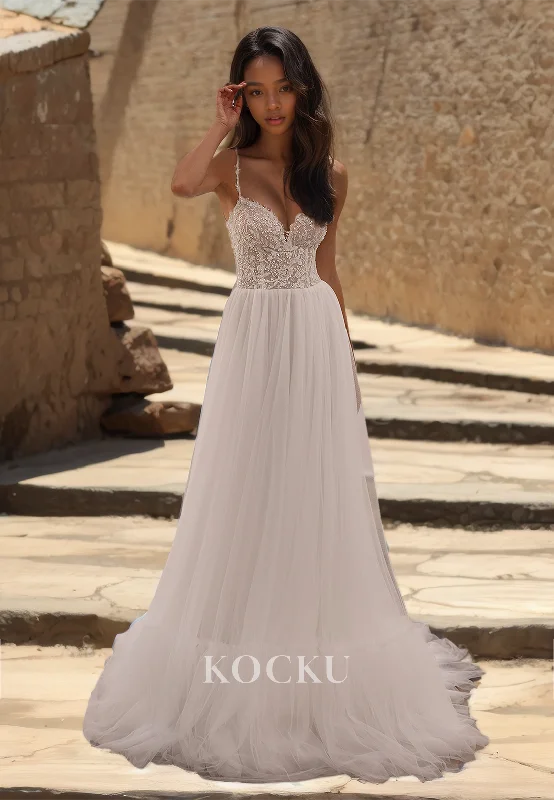 A-Line Spaghetti Straps Sweetheart Beach Wedding Dress Appliques Lace Boho Gowns with Beads