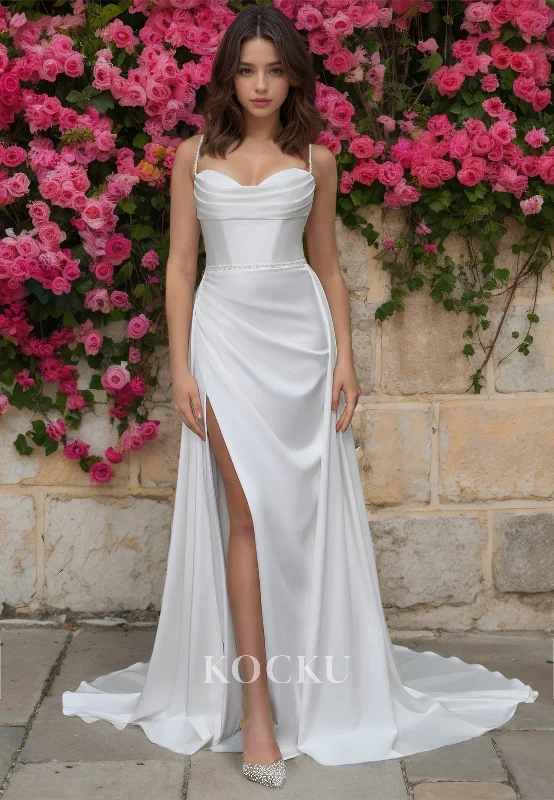 Spaghetti Straps Sweetheart Sheath Wedding Dress High Slit Train Satin Bridal Gowns with Beads