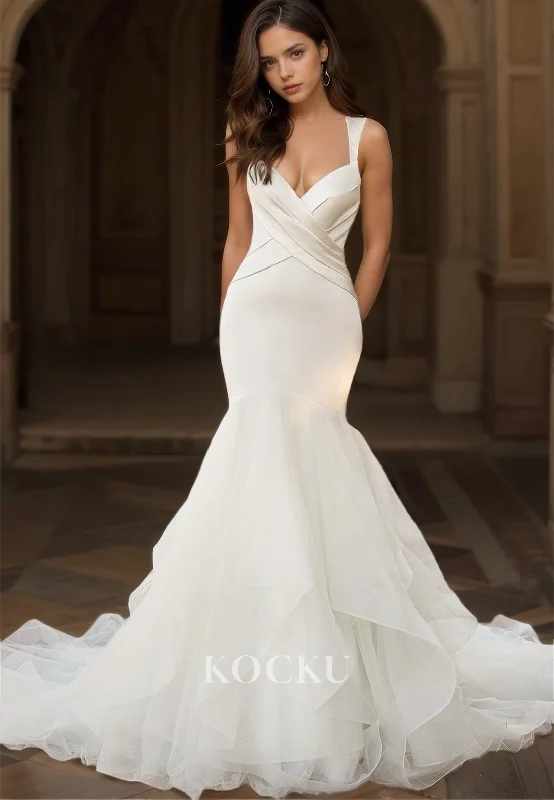 V-Neck Straps Sleeveless Mermaid Wedding Dress Ruched Satin Bridal Dress with Lace Train