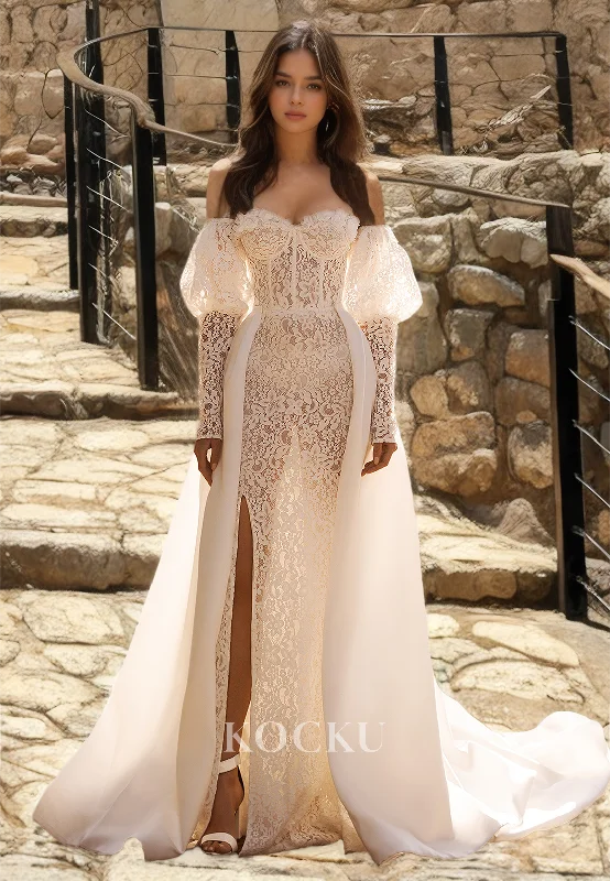 Sweetheart Long Sleeves Sheath Train Sheer Appliques Lace Wedding Dress with Detachable Overskirt