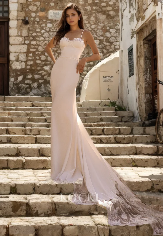 Spaghetti Straps Sweetheart Sheath Wedding Dress Sleeveless Bridal Gowns with Appliques Lace Train