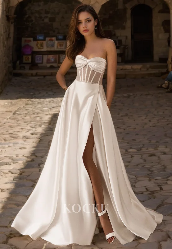 Sweetheart Sleeveless A-Line Stripe High Slit Train Pleats Bow Satin Wedding Dress Bridal Dress