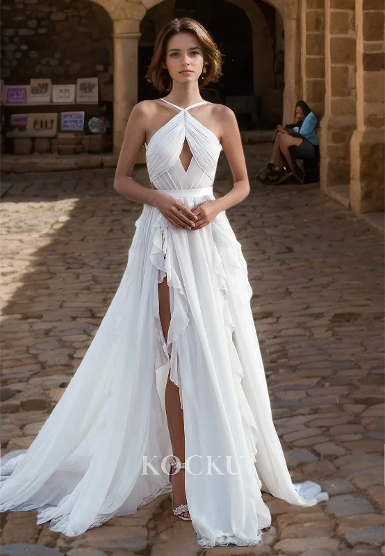 Asymmetrical A-Line Sleeveless High Slit Train Pleats Boho Wedding Dress Beach Gowns with Cut Outs