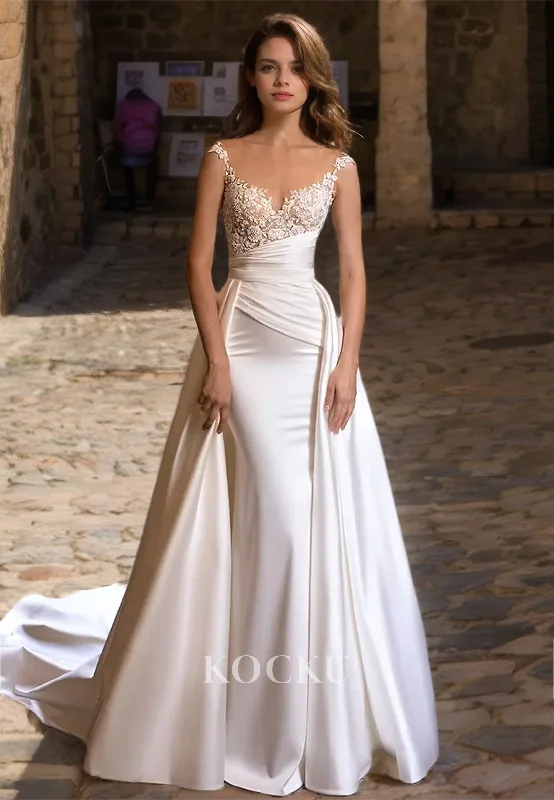 Scoop Neck Mermaid Wedding Gowns Sleeveless Appliques Beads Bridal Dress with Detachable Overskirt