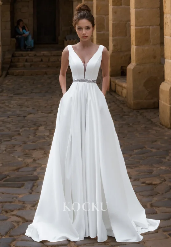 A-Line V-Neck Straps Sleeveless Beads Pleated Satin Beach Wedding Dress Boho Gowns with Pockets