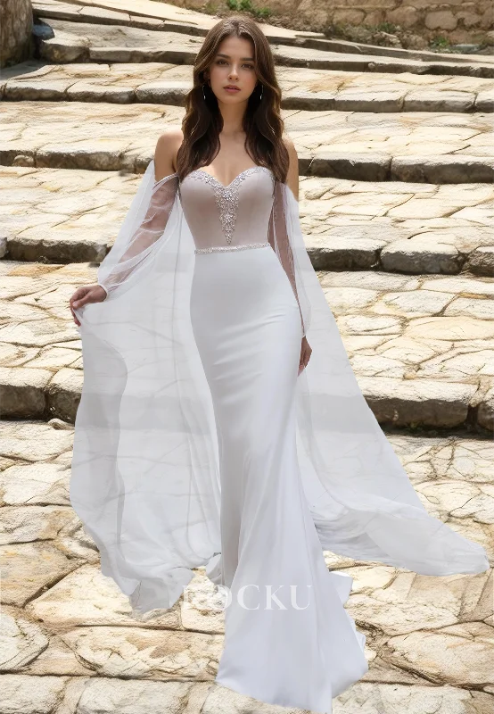 Sweetheart Long Sleeves Mermaid Wedding Dress Train Appliques Satin Bridal Gowns with Beaded