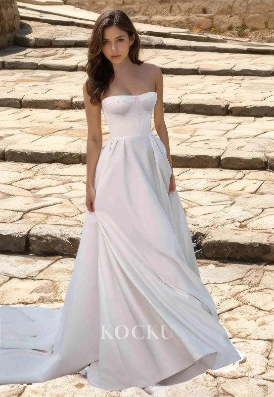 Tube Top Sleeveless A-Line Beach Wedding Dress Pleated Satin Boho Gowns with Sweep Train