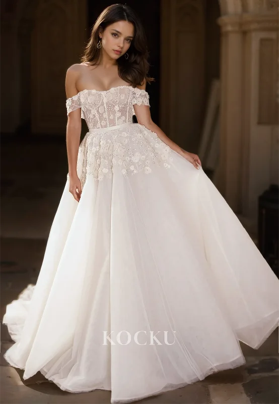 A-Line Off-Shoulder Sleeveless Appliques Pleats Lace Wedding Dress with Beads Boho Gowns