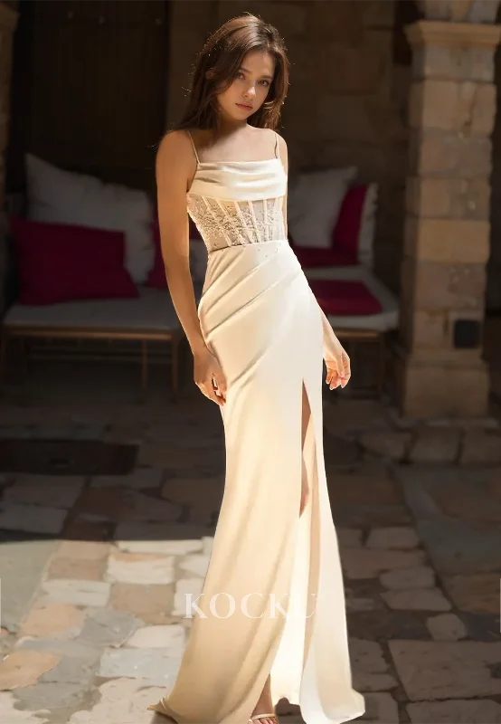 Tube Top Spaghetti Straps Sheath Wedding Dress Sleeveless Slit Beads Satin Bridal Gown with Appliques