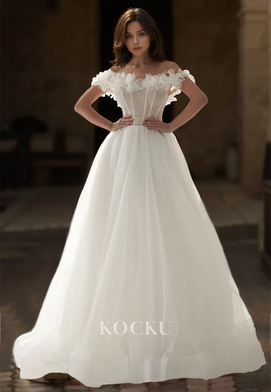 Off-Shoulder A-Line Sleeveless Brush Train Stripe Pleats Lace Wedding Dress with Floral Bridal Dress